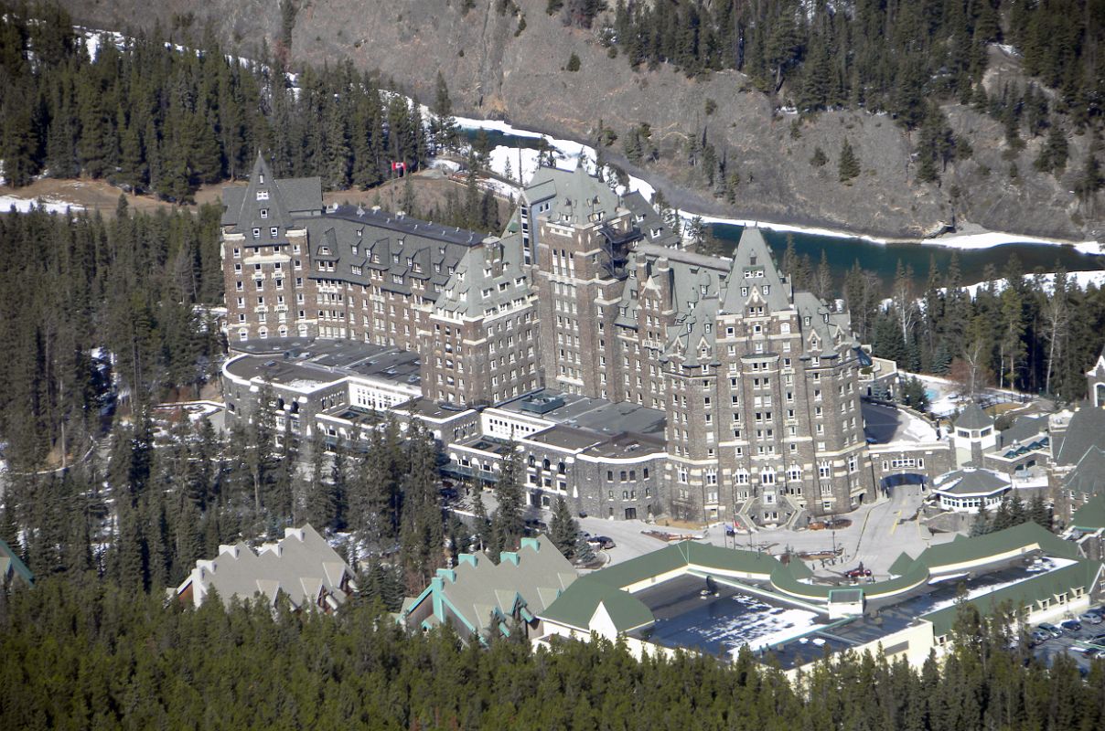 09 Banff Springs Hotel From Banff Gondola With Bow Falls In Winter